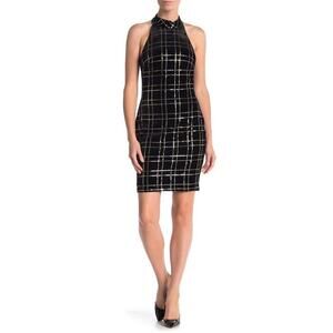 Alexia Admor Women’s Small Black Velvet Gold Silver Sequin Check Sheath Dress